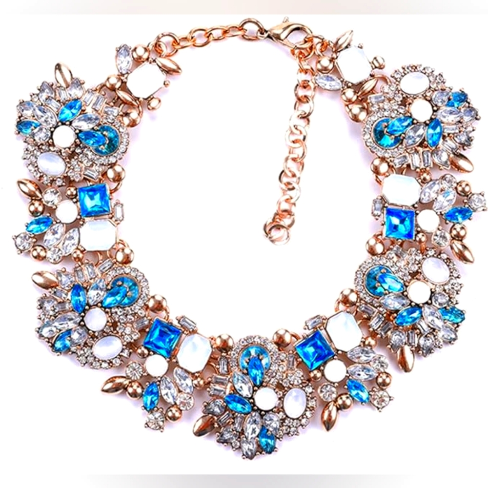 Elegant Blue & White Diamante Rhinestone Bejeweled Collar Necklace